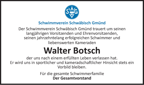 Traueranzeige von Walter Botsch von Gmünder Tagespost