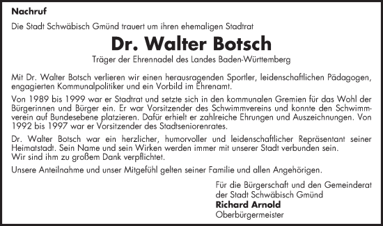 Traueranzeige von Walter Botsch von Gmünder Tagespost