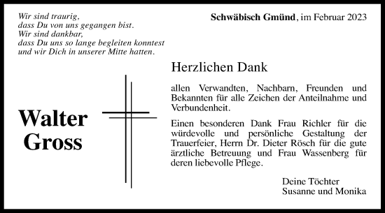 Traueranzeige von Walter Gross von Gmünder Tagespost