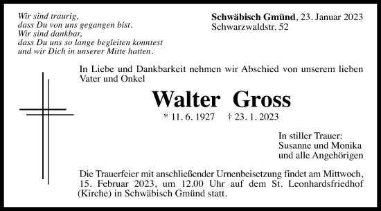 Traueranzeige von Walter Gross von Gmünder Tagespost