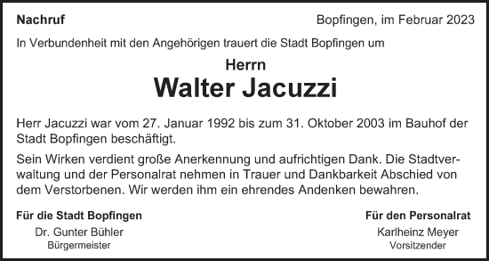 Traueranzeige von Walter Jacuzzi von Bopfinger Stadtanzeiger