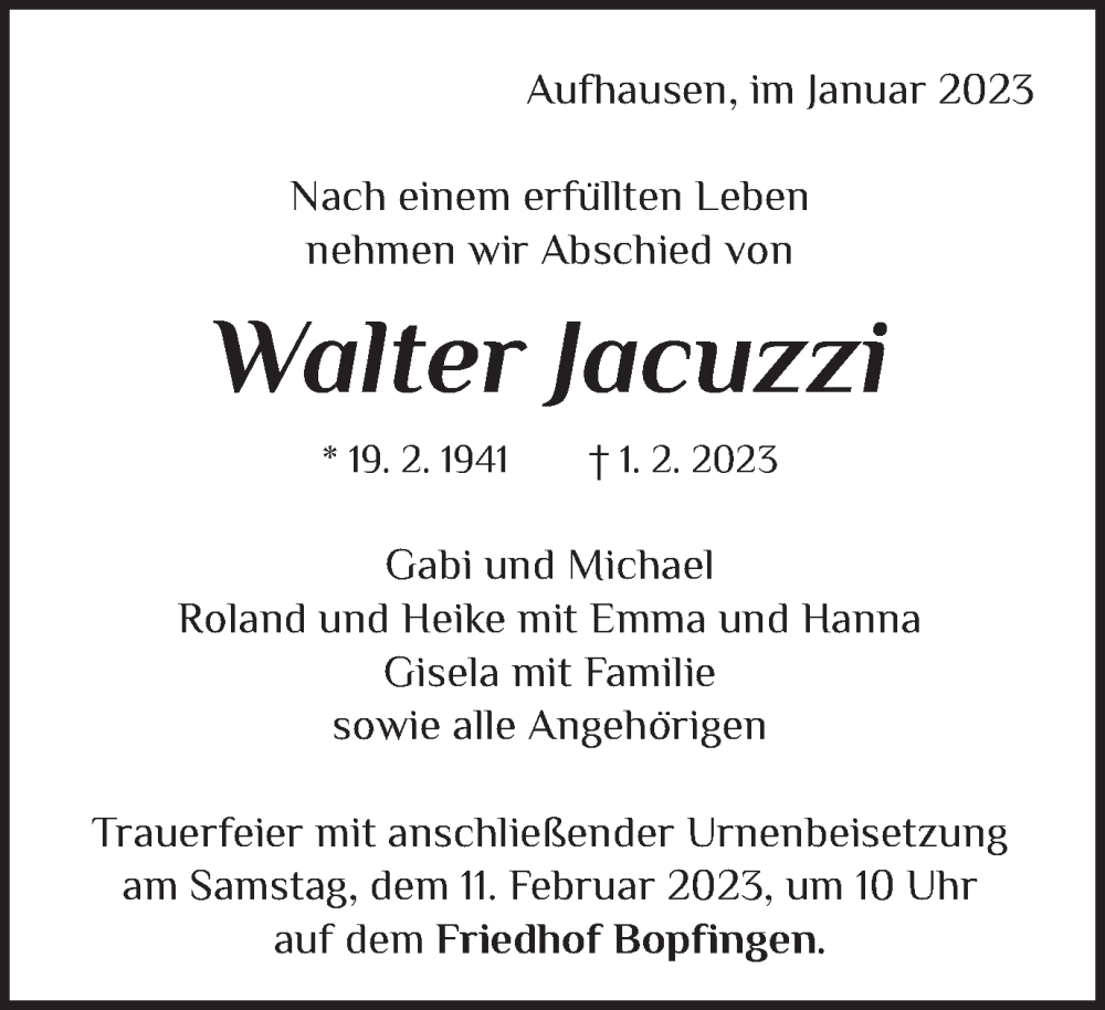  Traueranzeige für Walter Jacuzzi vom 04.02.2023 aus Schwäbische Post