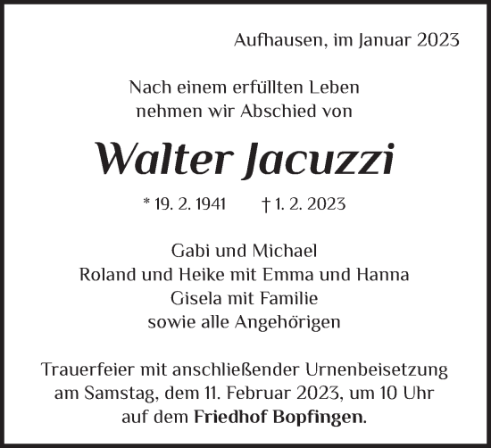 Traueranzeige von Walter Jacuzzi von Schwäbische Post