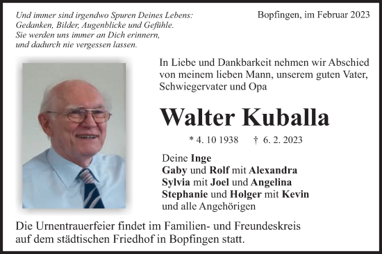 Traueranzeige von Walter Kuballa von Schwäbische Post