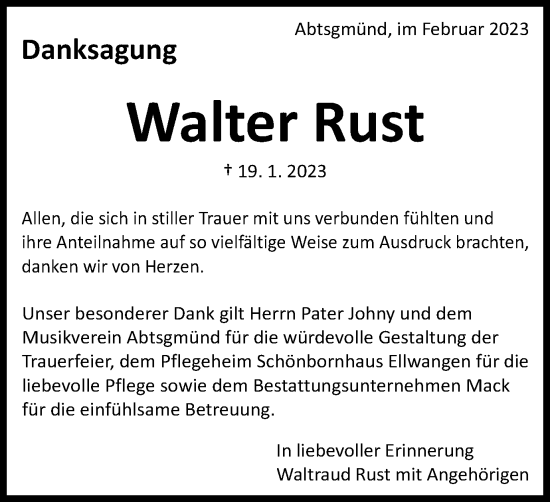 Traueranzeige von Walter Rust von Schwäbische Post