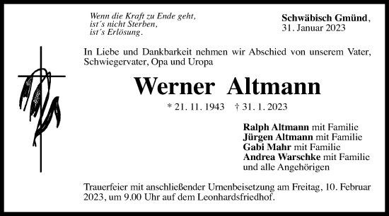 Traueranzeige von Werner Altmann von Gmünder Tagespost