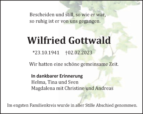 Traueranzeige von Wilfried Gottwald von Gmünder Tagespost