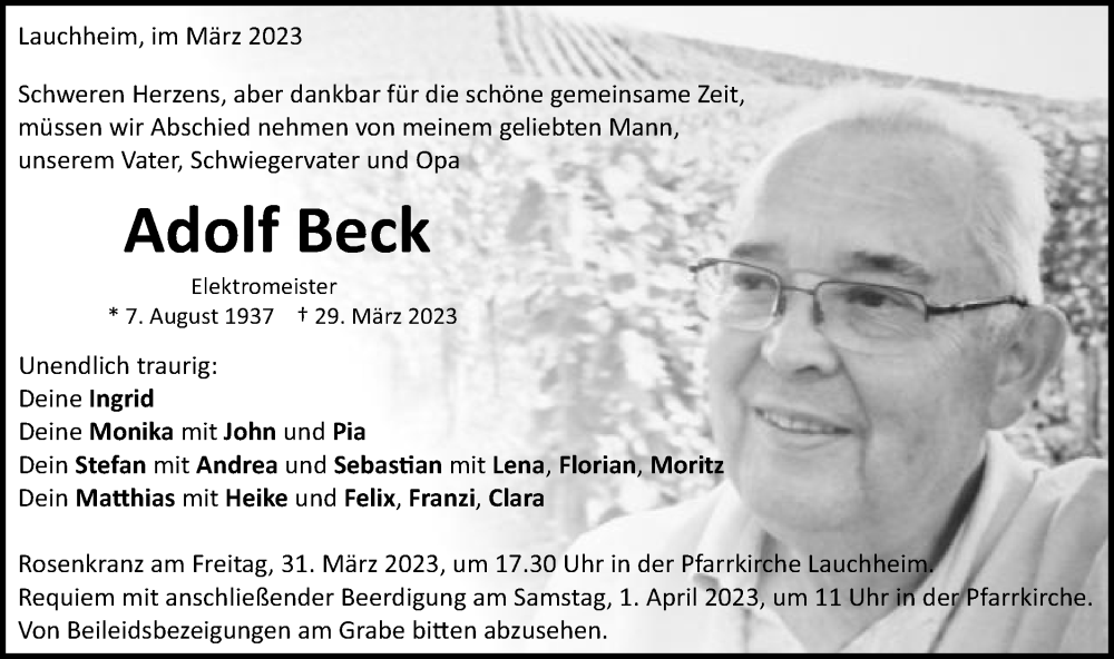  Traueranzeige für Adolf Beck vom 31.03.2023 aus Schwäbische Post