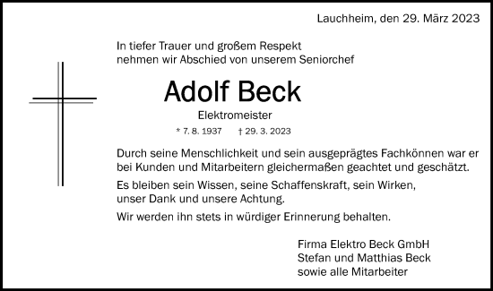 Traueranzeige von Adolf Beck von Schwäbische Post