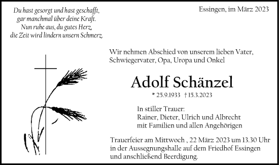 Traueranzeige von Adolf Schänzel von Schwäbische Post