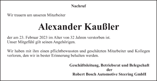 Traueranzeige von Alexander Kaußler von Gmünder Tagespost