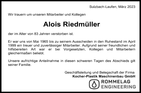 Traueranzeige von Alois Riedmüller von Schwäbische Post