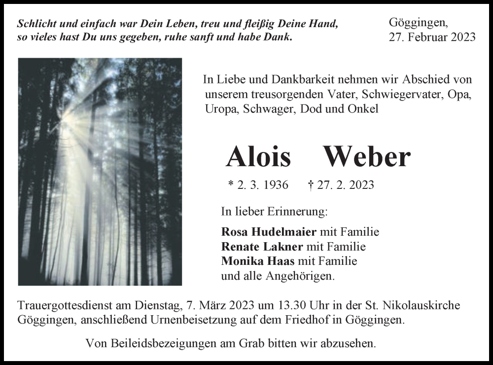  Traueranzeige für Alois Weber vom 03.03.2023 aus Gmünder Tagespost