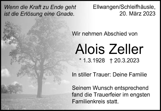 Traueranzeige von Alois Zeller