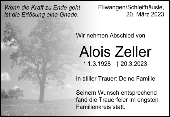 Traueranzeige von Alois Zeller von Schwäbische Post