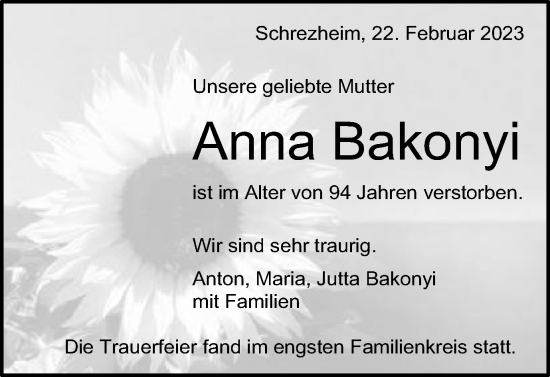 Traueranzeige von Anna Bakonyi von Schwäbische Post