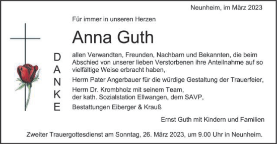 Traueranzeige von Anna Guth von Schwäbische Post