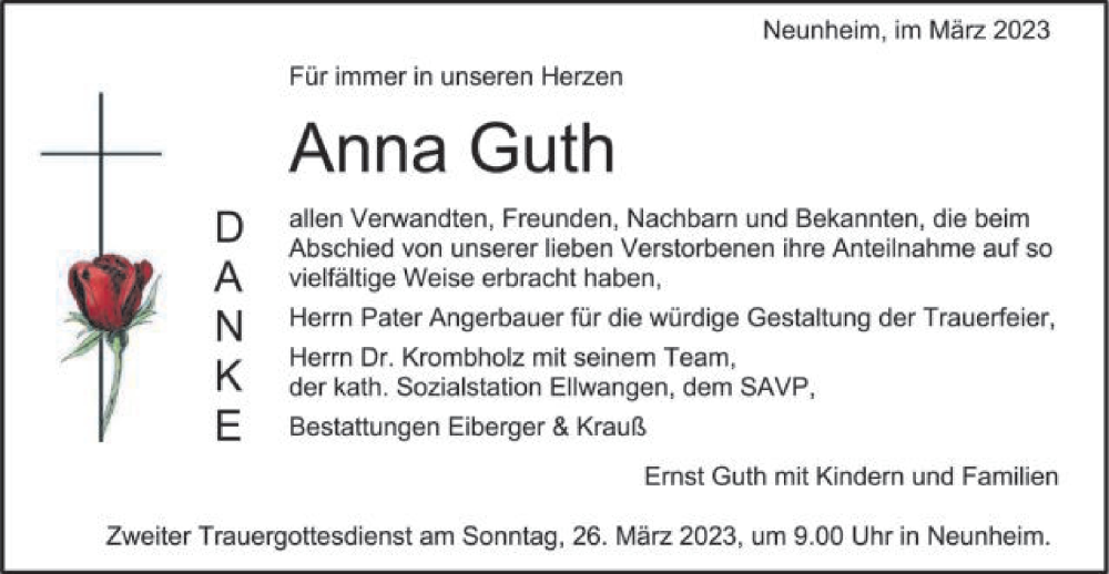  Traueranzeige für Anna Guth vom 25.03.2023 aus Schwäbische Post