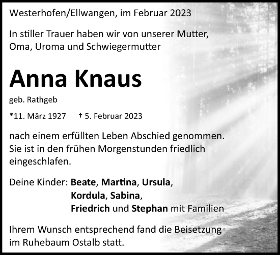Traueranzeige von Anna Knaus von Schwäbische Post