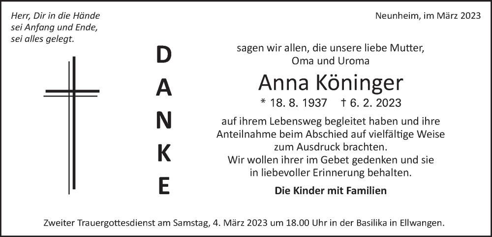  Traueranzeige für Anna Köninger vom 02.03.2023 aus Schwäbische Post