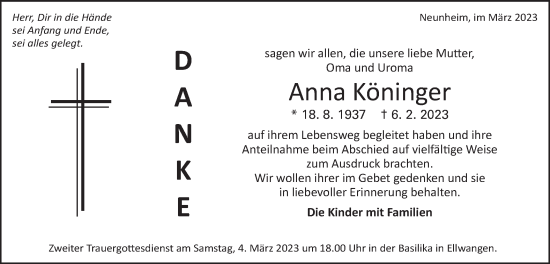 Traueranzeige von Anna Köninger