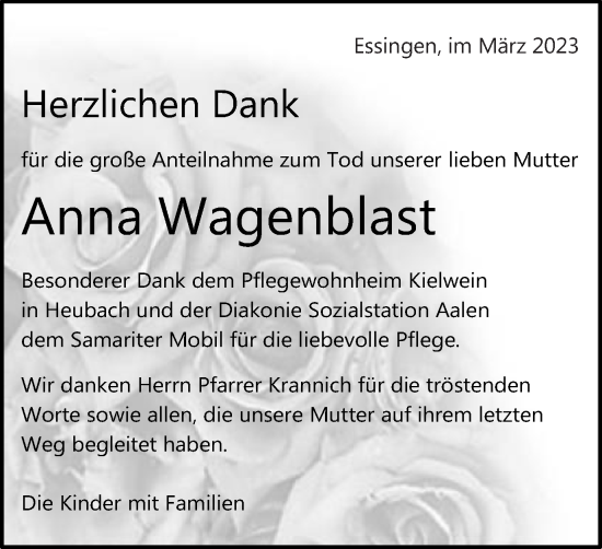 Traueranzeige von Anna Wagenblast von Schwäbische Post