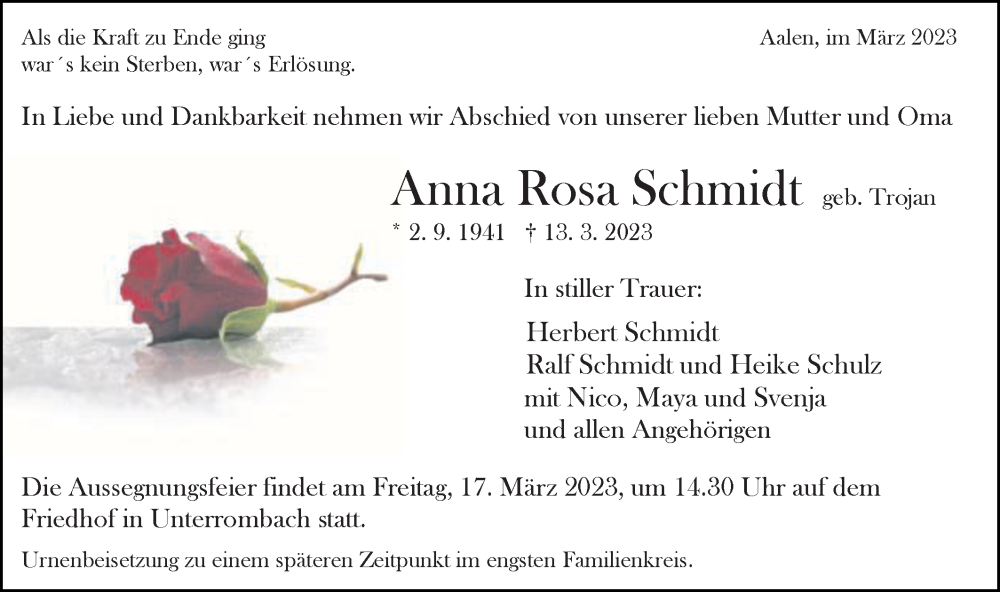  Traueranzeige für Anna Rosa Schmidt vom 15.03.2023 aus Schwäbische Post