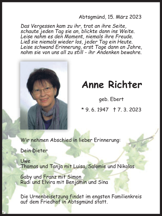 Traueranzeige von Anne Richter von Schwäbische Post