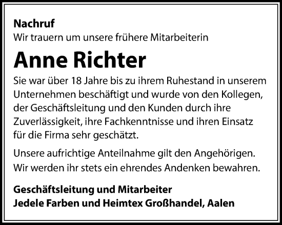 Traueranzeige von Anne Richter von Schwäbische Post
