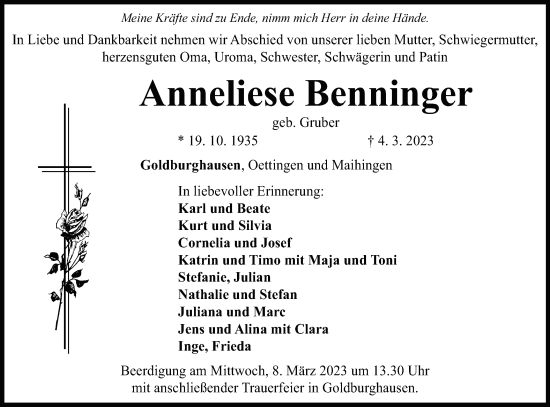 Traueranzeige von Anneliese Benninger von Schwäbische Post