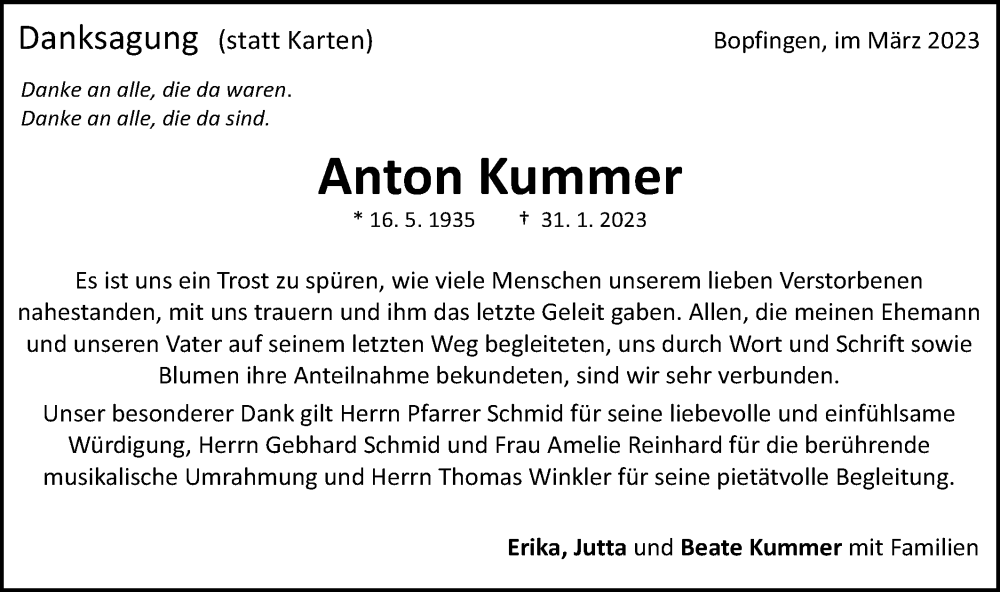  Traueranzeige für Anton Kummer vom 04.03.2023 aus Schwäbische Post