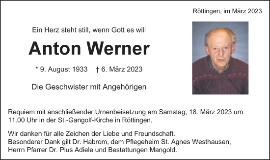 Traueranzeige von Anton Werner von Schwäbische Post