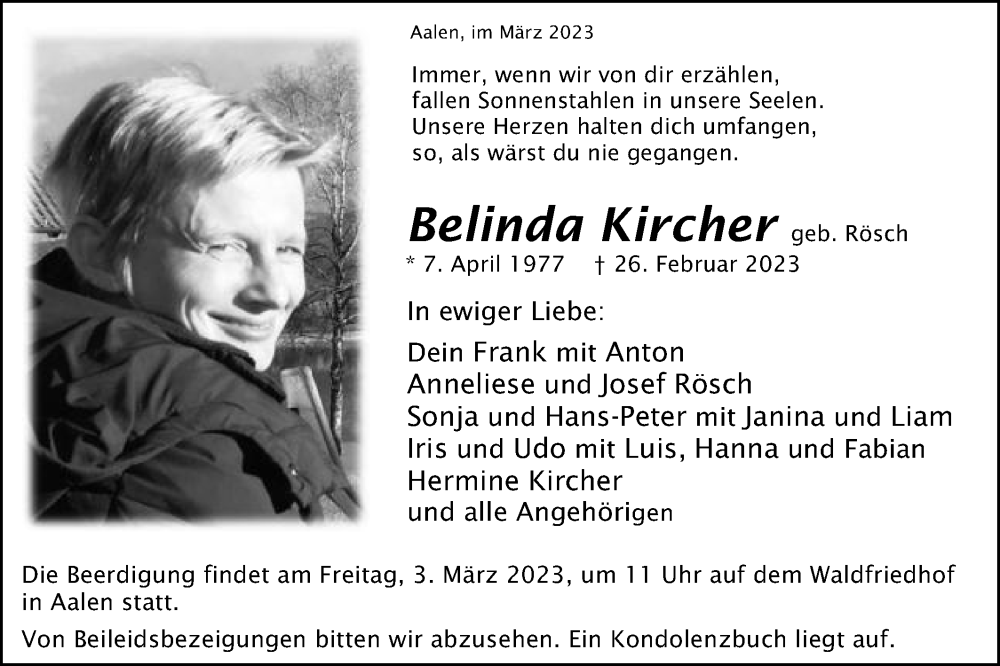  Traueranzeige für Belinda Kircher vom 01.03.2023 aus Schwäbische Post