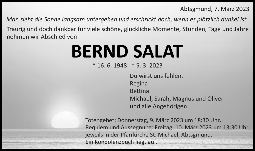  Traueranzeige für Bernd Salat vom 07.03.2023 aus Schwäbische Post