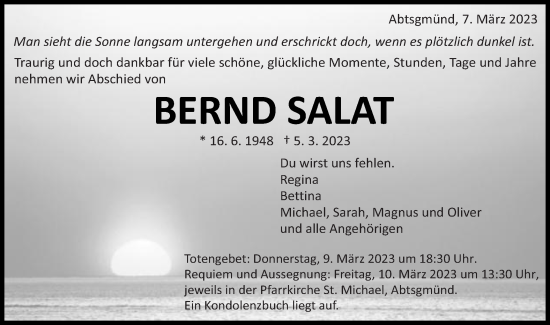 Traueranzeige von Bernd Salat von Schwäbische Post