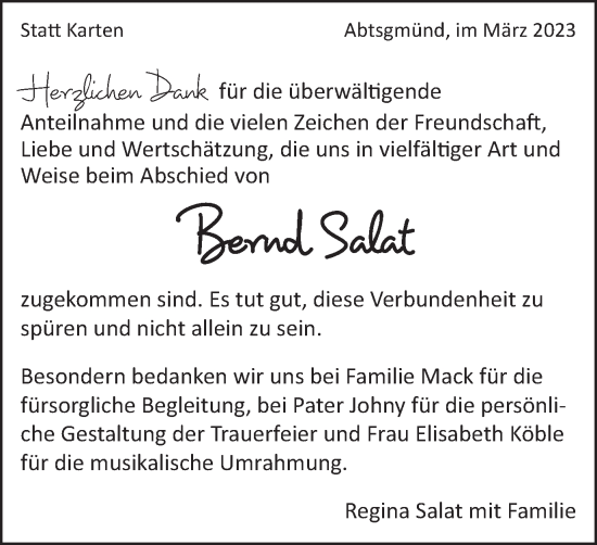 Traueranzeige von Bernd Salat von Kocher-Lein-Bote