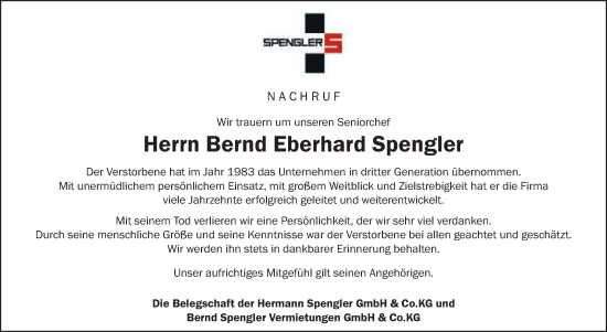 Traueranzeige von Bernd Eberhard Spengler von Schwäbische Post