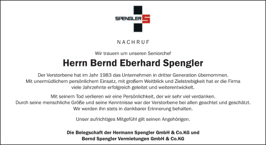 Traueranzeige von Bernd Eberhard Spengler