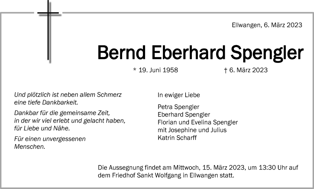  Traueranzeige für Bernd Eberhard Spengler vom 11.03.2023 aus Schwäbische Post