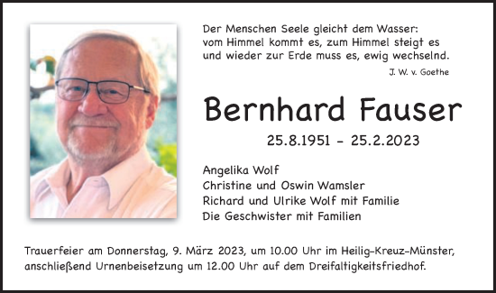 Traueranzeige von Bernhard Fauser von Gmünder Tagespost