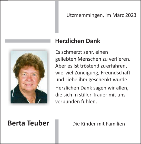 Traueranzeige von Berta Teuber von Schwäbische Post