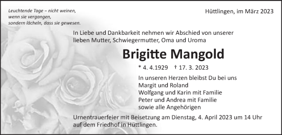 Traueranzeige von Brigitte Mangold von Schwäbische Post