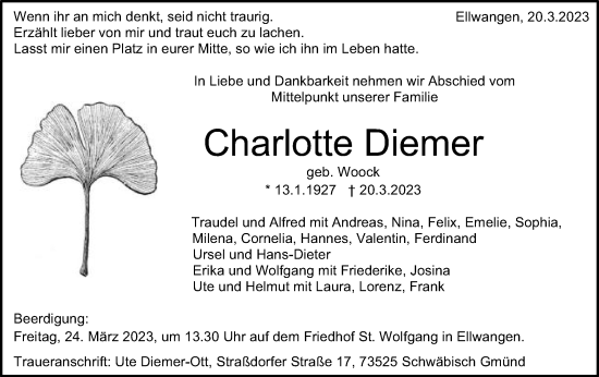 Traueranzeige von Charlotte Diemer