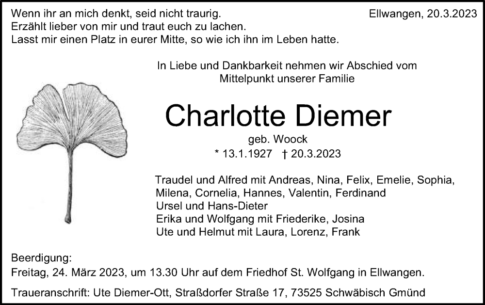  Traueranzeige für Charlotte Diemer vom 22.03.2023 aus Schwäbische Post