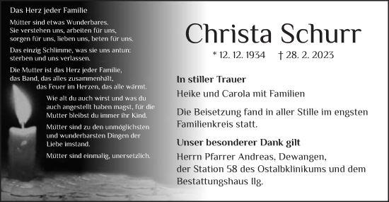 Traueranzeige von Christa Schurr von Schwäbische Post