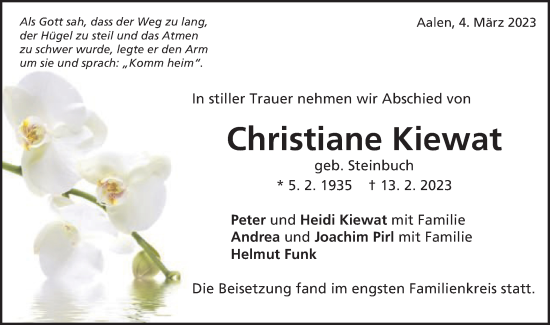 Traueranzeige von Christiane Kiewat von Schwäbische Post