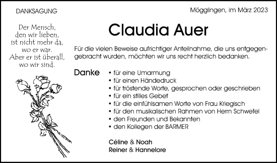 Traueranzeige von Claudia Auer von Schwäbische Post