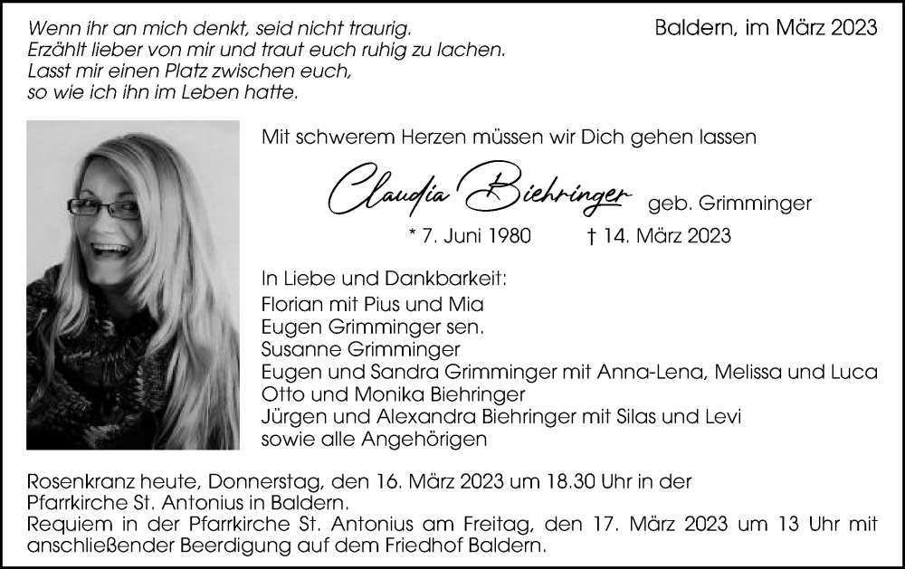  Traueranzeige für Claudia Biehringer vom 16.03.2023 aus Schwäbische Post