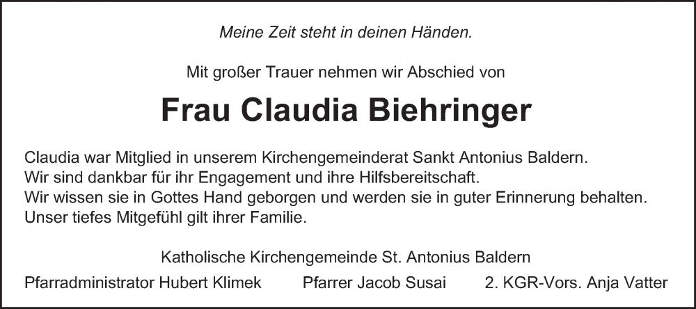  Traueranzeige für Claudia Biehringer vom 24.03.2023 aus Bopfinger Stadtanzeiger