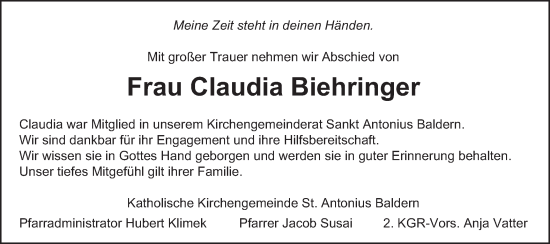 Traueranzeige von Claudia Biehringer von Bopfinger Stadtanzeiger